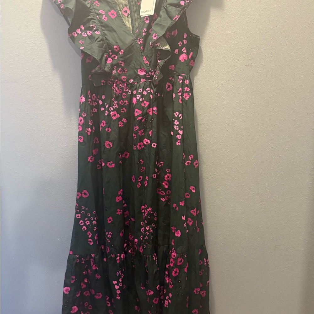 Sugarlips Dark Green Dress with Pink Floral Accents